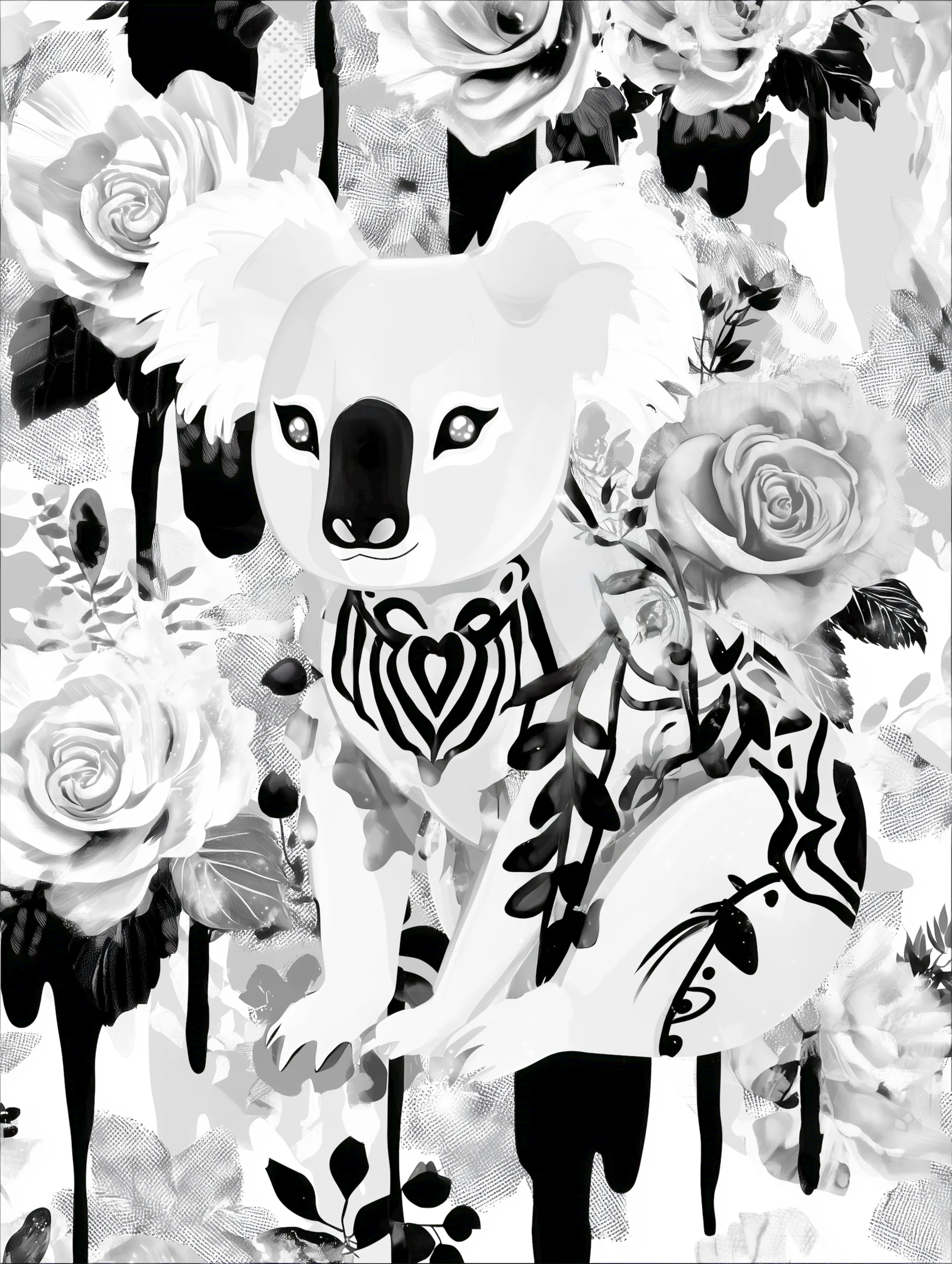 Free printable koala coloring page for adults featuring white koala and roses